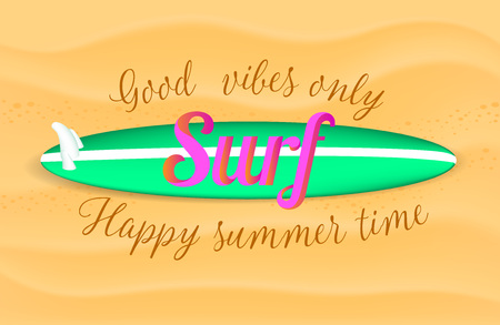 Surf advertisement poster with decorate text, boards and beach landscape vector illustration.のイラスト素材