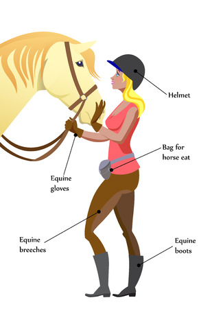Equine poster with young girl and horse in cartoon style. Vector illustration.のイラスト素材