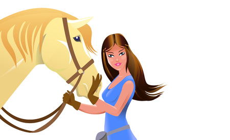 Equine poster with young girl and horse in cartoon style. Vector illustration.のイラスト素材