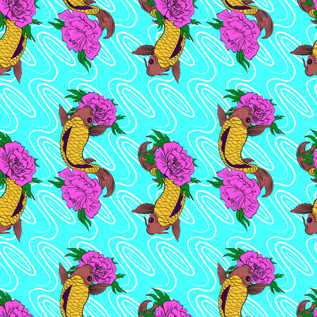 Decorate seamless pattern with a Koi fish on blue background. Vector illustration.のイラスト素材