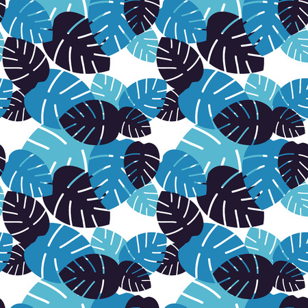 Summer time seamless pattern with tropical flowers and leaves. Vector illustration.