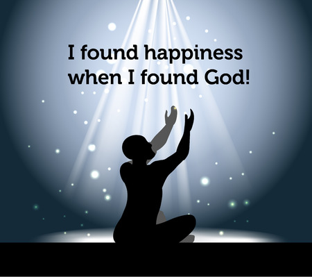 Prayer man with glowing light rays on background. Vector illustation.のイラスト素材