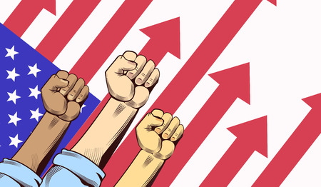 American power poster design with flag and human hands. Vector illustration.のイラスト素材
