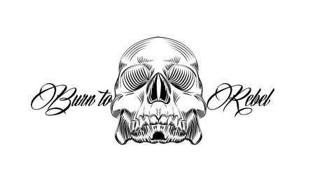 Black and white tattoo sketch design with skull and calligraphy text. Vector illustration.のイラスト素材
