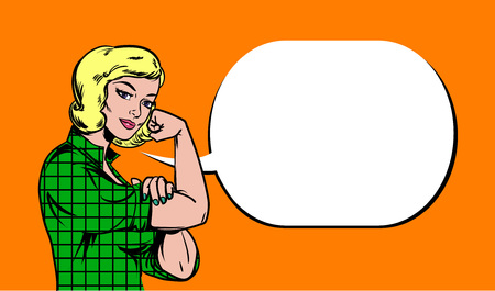 Poster with pretty young girl and blank text bubble. Vector illustration.のイラスト素材
