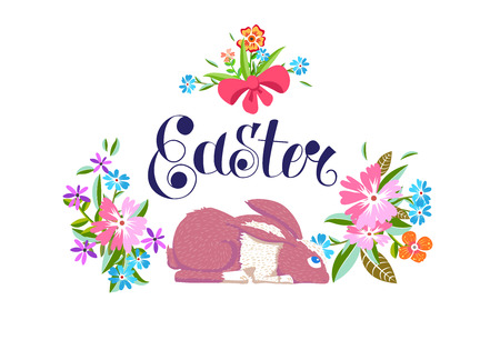 Easter holiday poster design in cartoon style. Flowers and rabbit. Vector illustration.のイラスト素材