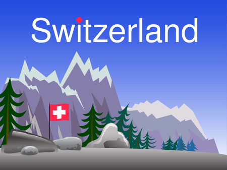Poster for switzerland flag day with mountains and lettering text. Vector illustration.のイラスト素材