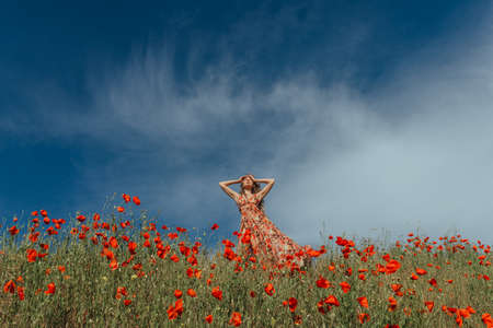 beautiful girl in a dress in a poppy field against a blue sky with cloudsの写真素材