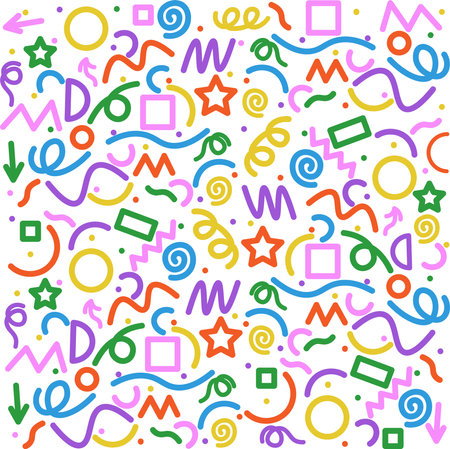Fun colorful abstract line doodle shape set. Creative minimalist style art symbol collection for children or party celebration with modern shapes. Simple upbeat childish drawing scribble decoration.のイラスト素材