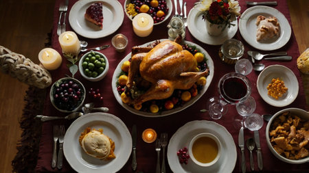 Thanksgiving dinner table with roasted turkey, berries, candied fruit and baked breadの素材