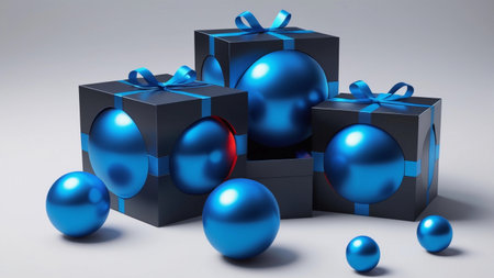 Gift box with blue Christmas balls insideの素材