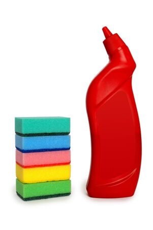bottle for cleaning and sponge isolated on whiteの写真素材