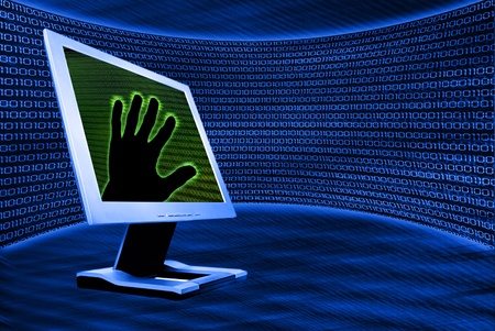 binary background and monitor with hand