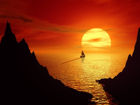 Sunset and sailboat in sea. 3d rendered landscapeの写真素材
