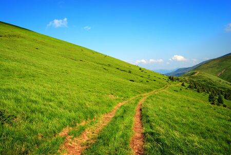 dirt long road among green hills and blue skyの写真素材