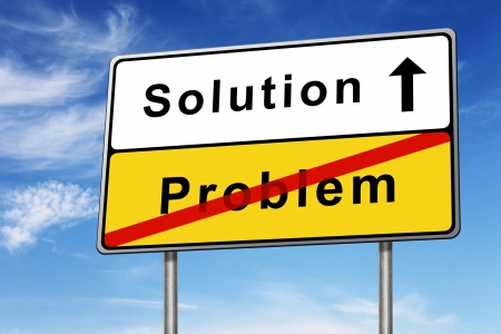 solution and problem road sign concept image with blue skyの写真素材