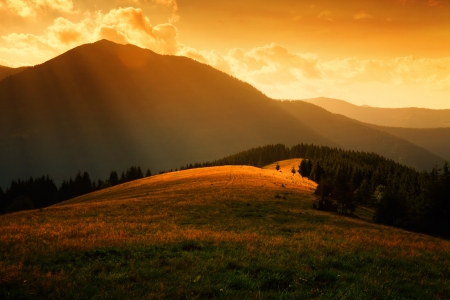 sun rays over the misty hills and light in mountain valleyの写真素材