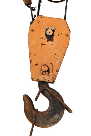 crane steel hook with cable isolated on whiteの写真素材
