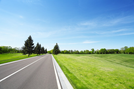 Asphalt road and grassy green field. Summer landscape with blue skyの写真素材