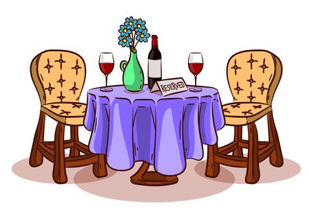 Romantic table for two. On the table is a bottle of wine, a vase of flowers, glasses of wine and an icon reserved.The illustration is done in the style of sketches. A little table for two for a dateのイラスト素材
