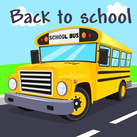 Bright yellow school bus stands in perspective on the road. Vector illustration. School transport....