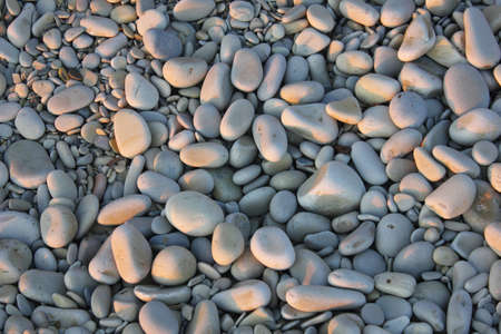 Pebbles on sea coast on sunset の写真素材