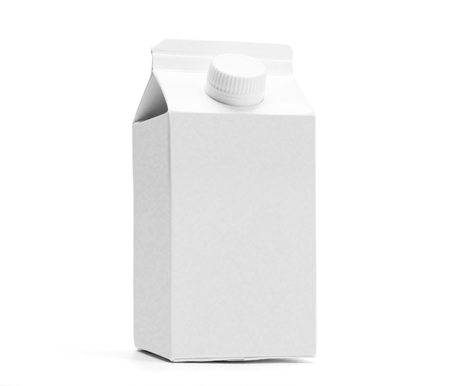 White half liter milk box with cap and fronton. Low angle shot with original shadow. Isolated on white without clipping path.の写真素材