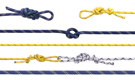 Group of climbing ropes and knots and loops.  Set of mountaining ropes isolated on white backgroundの写真素材