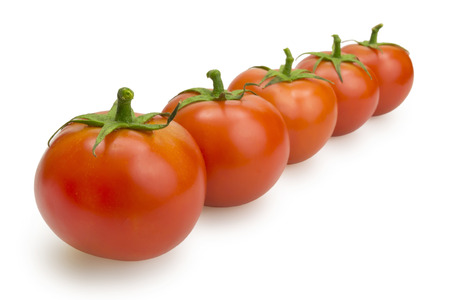 Five tomatoes standing in a rowの写真素材
