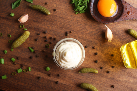 tartar sauce on a wooden backgroundの写真素材