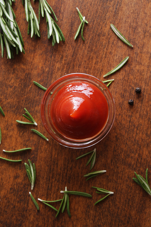 ketchup, tomato sauce in a glass bowlの写真素材
