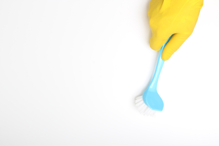 yellow glove brush blue cleaning cleanの写真素材