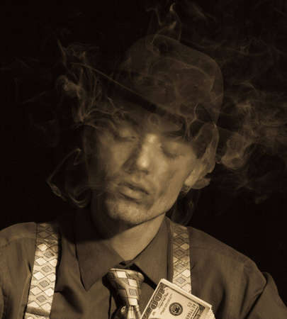 old style photo of man counting money and smoking cigar