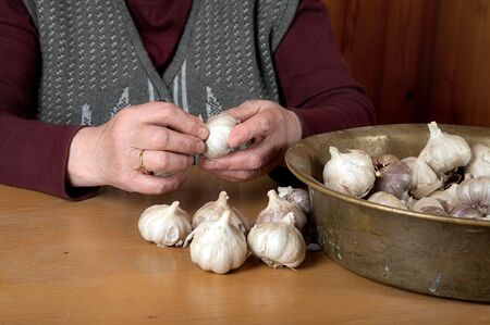 The old woman touches garlic sitting for a tableの写真素材