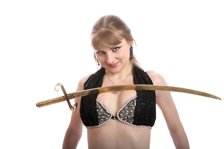 The girl in a dancing suit with sabre on  white backgroundの写真素材