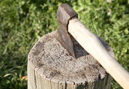 Axe with  pack for cabin against a green grass