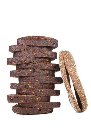piles of slices  black bread isolated on a white backgroundの写真素材