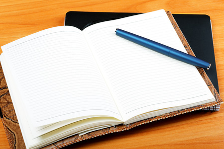 The opened writing-book in a leather cover and  pen