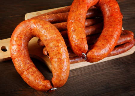 Smoked sausage on a kitchen table