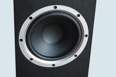 black speaker system close-up isolated on white backgroundの写真素材