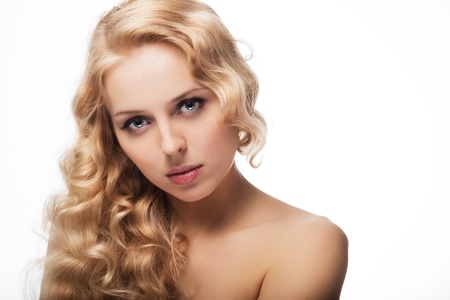 beautiful blonde girl portrait on white background close-upの写真素材