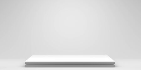 Front view of empty shelf on white table and wall  with modern minimal concept.の写真素材