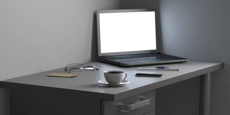 Workplace in the office with laptop and coffee. Business background. 3d illustrationの写真素材