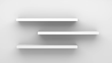 Furniture 3D illustration. Front view of empty shelf on white table and wall background with modern minimal concept.の写真素材
