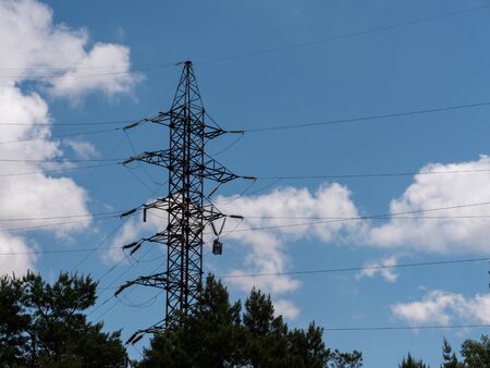 High voltage tower with wiresの写真素材