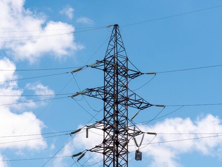 High voltage tower with wiresの写真素材