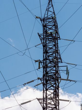 High voltage tower with wiresの写真素材