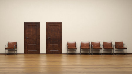 3d render of two offices with a hallway and chairs for waiting.