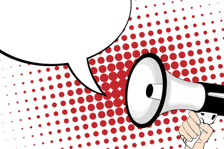 Megaphone in hand. Halftone background and blank speech bubble. Vector illustrationのイラスト素材