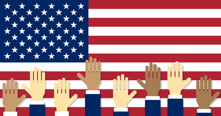 Vote. Raised hands on the background of the USA flag.のイラスト素材